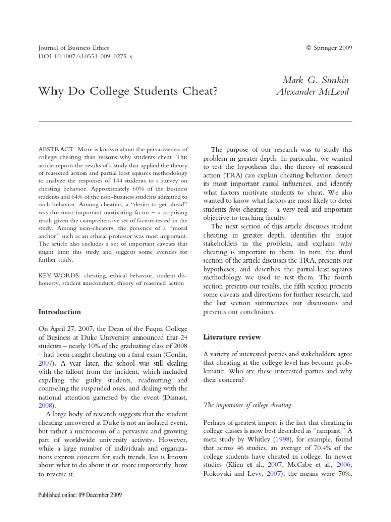 Why Do College Students Cheat PDF Attitude (Psychology) Survey