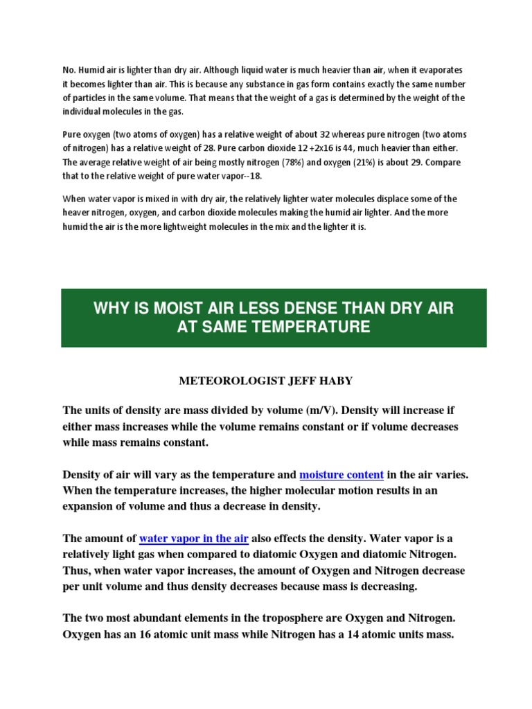 Why is Moist Air Less Dense Than Dry Air Atmosphere Of Earth