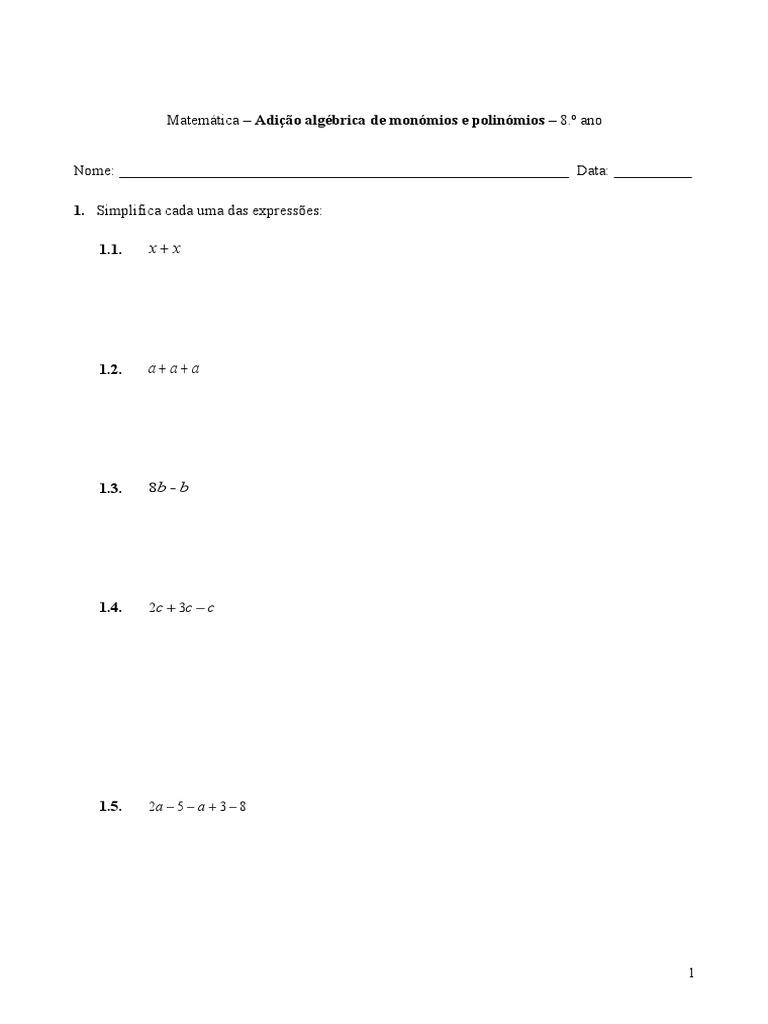 Adição de Monômios e Polinômios 8º Ano | PDF