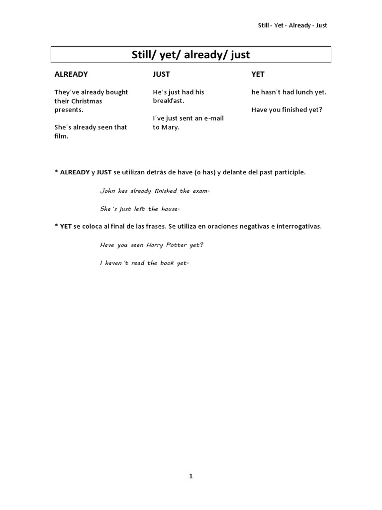 Using Still, Yet, Already, Just | PDF | Grammar | Syntax