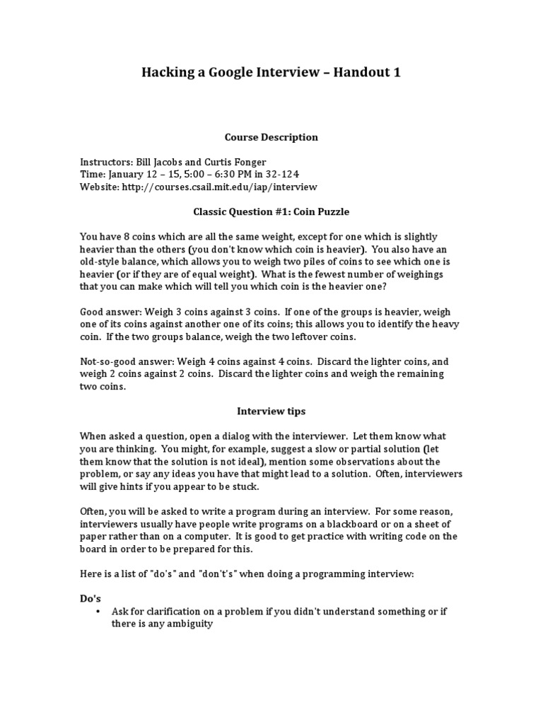 Hacking A Google Interview Handout 1 | PDF