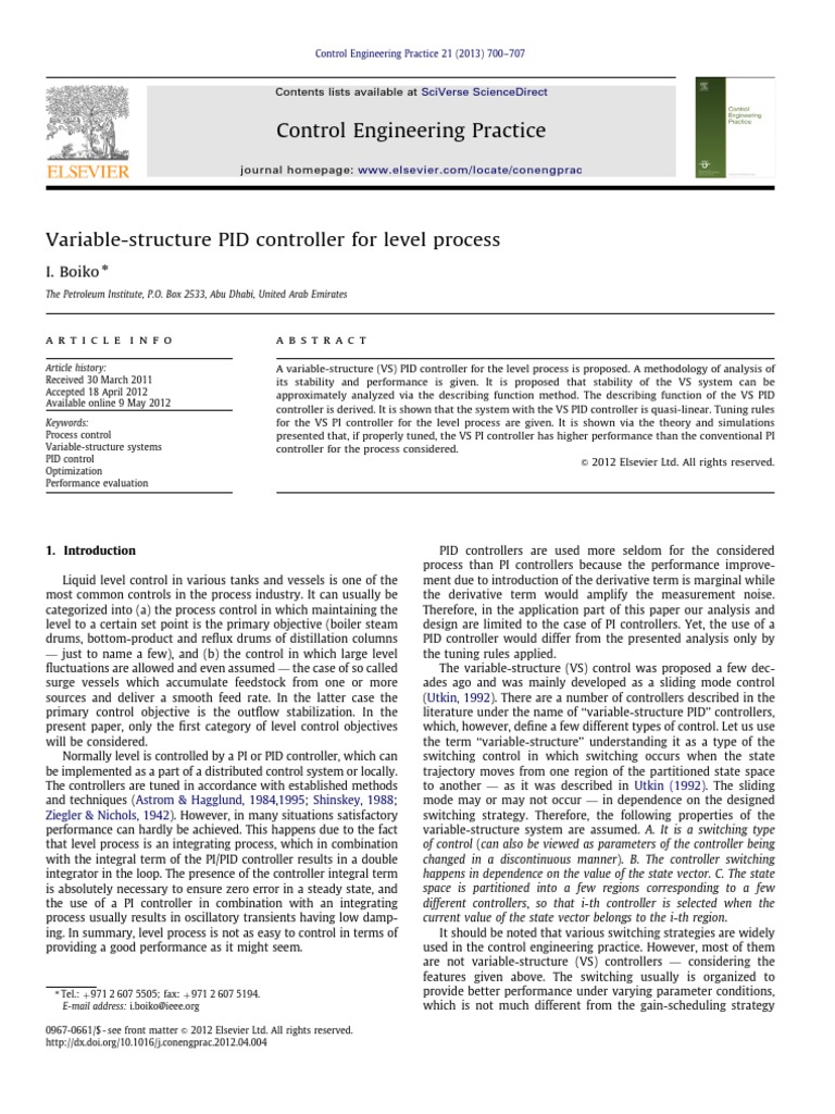 Variable-Structure PID Controller For Level Process | PDF | Systems ...