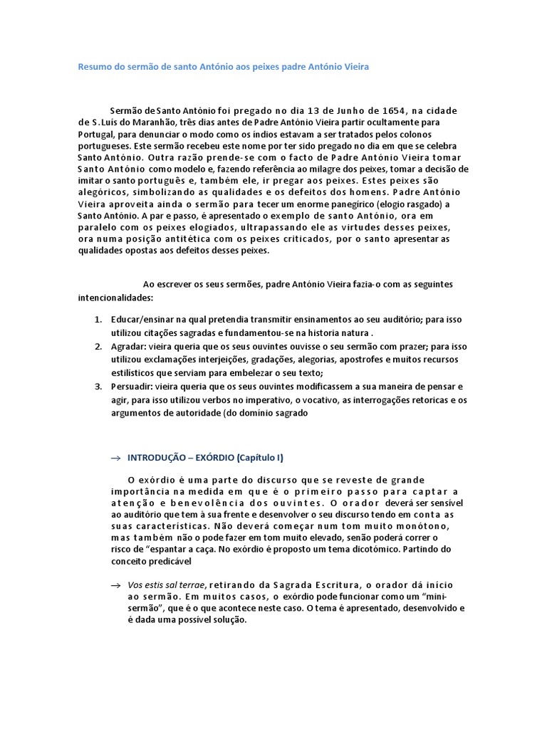 Resumo Do Sermão De Santo António Aos Peixes
