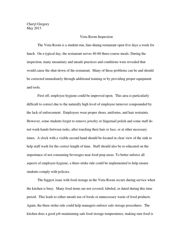 Vista Room Kitchen Inspection Report | PDF | Kitchen | Hygiene