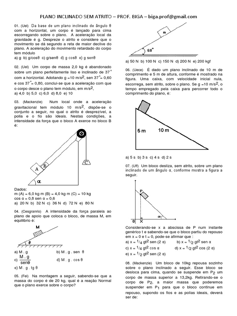 Exercícios de Plano Inclinado Sem Atrito | PDF | Atrito | Massa