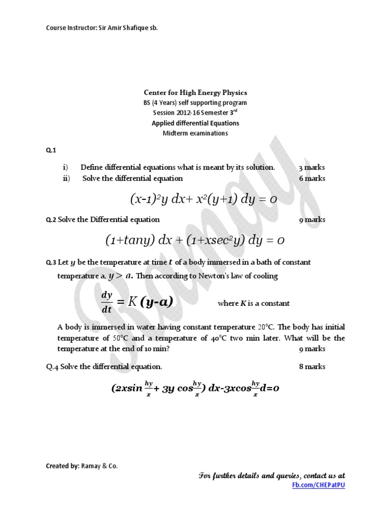 Applied Differential Equations Midterm Exam | PDF