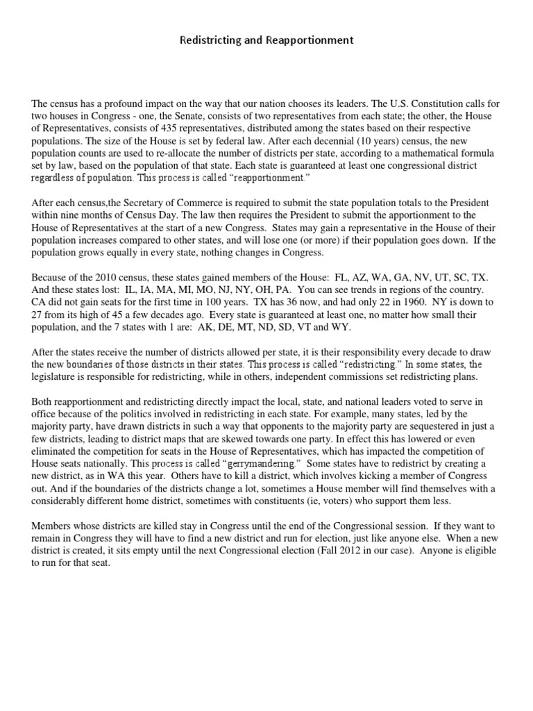 Understanding Redistricting and Reapportionment | PDF | Gerrymandering ...