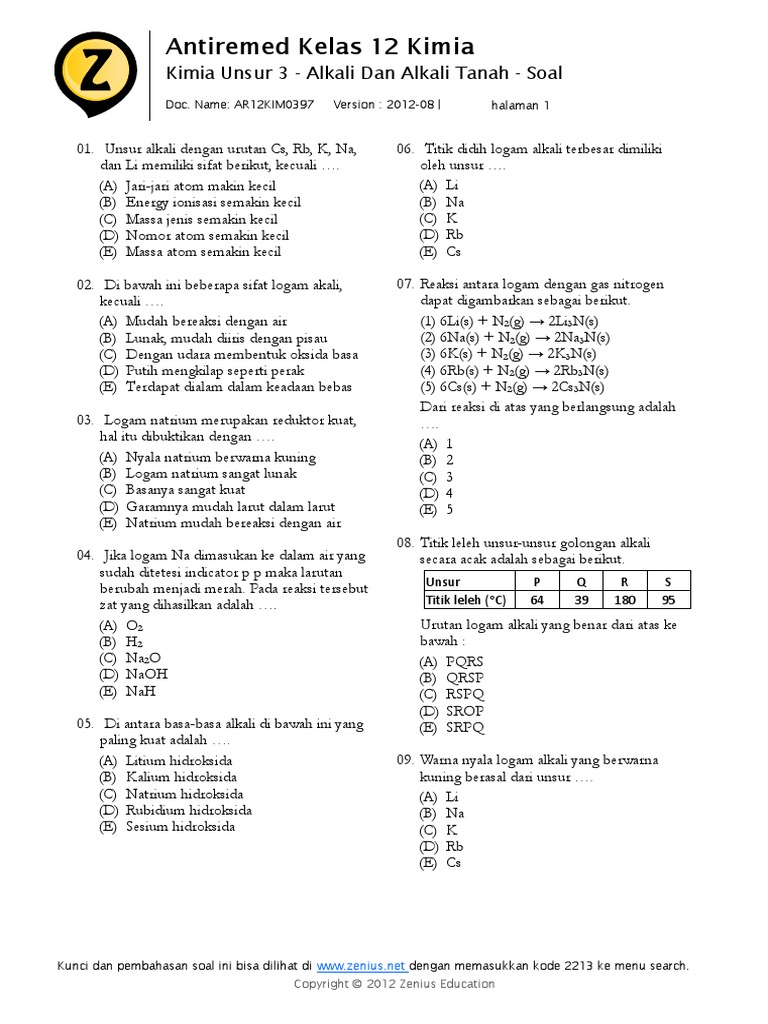 Soal Sifatsifat Unsur Alkali Tanah Zenius