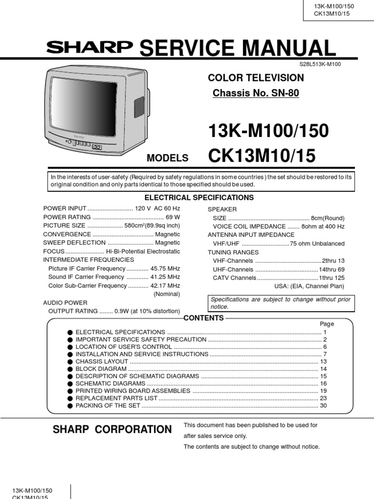 Sharp TV 13km100 PDF Vacuum Tube High Voltage