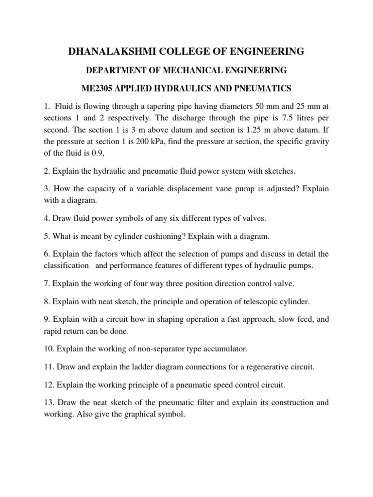Applied Hydraulics and Pneumatics IMPORTANT QUESTIONS PDF Pump