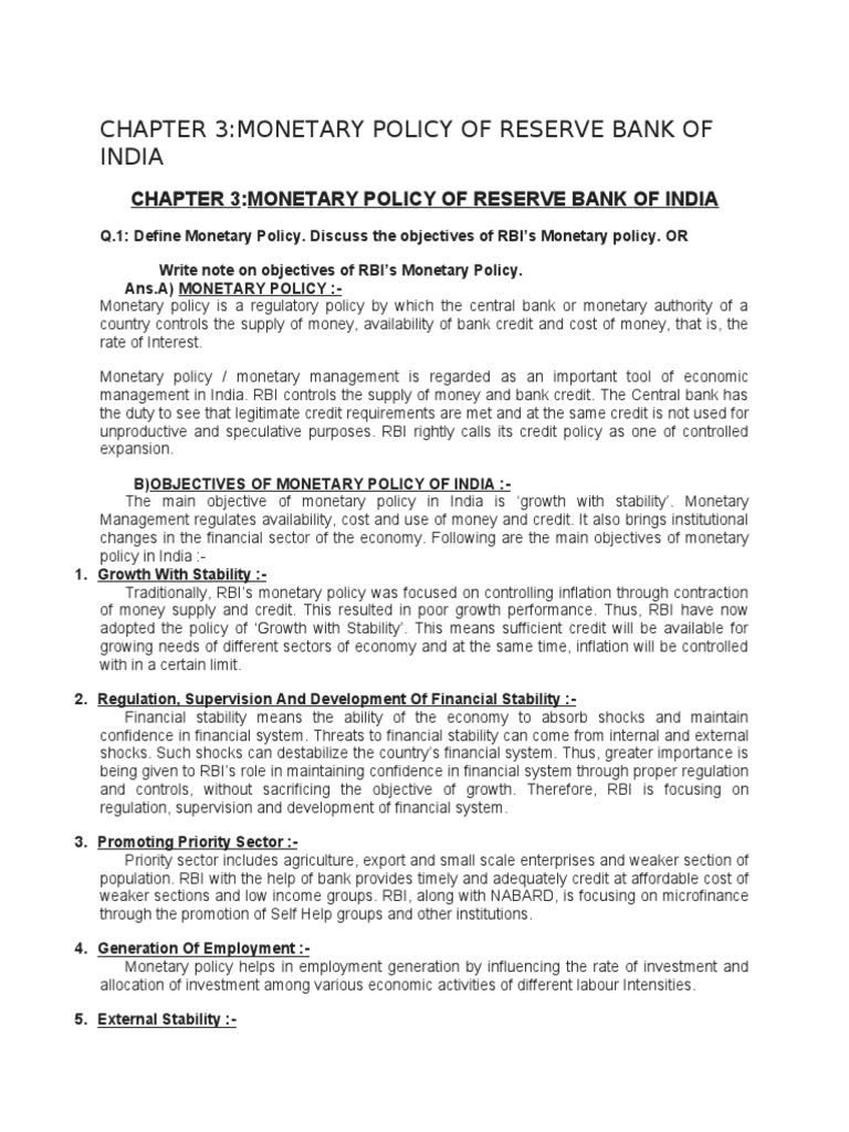 Chapter 3:monetary Policy of Reserve Bank of India | PDF | Reserve Bank