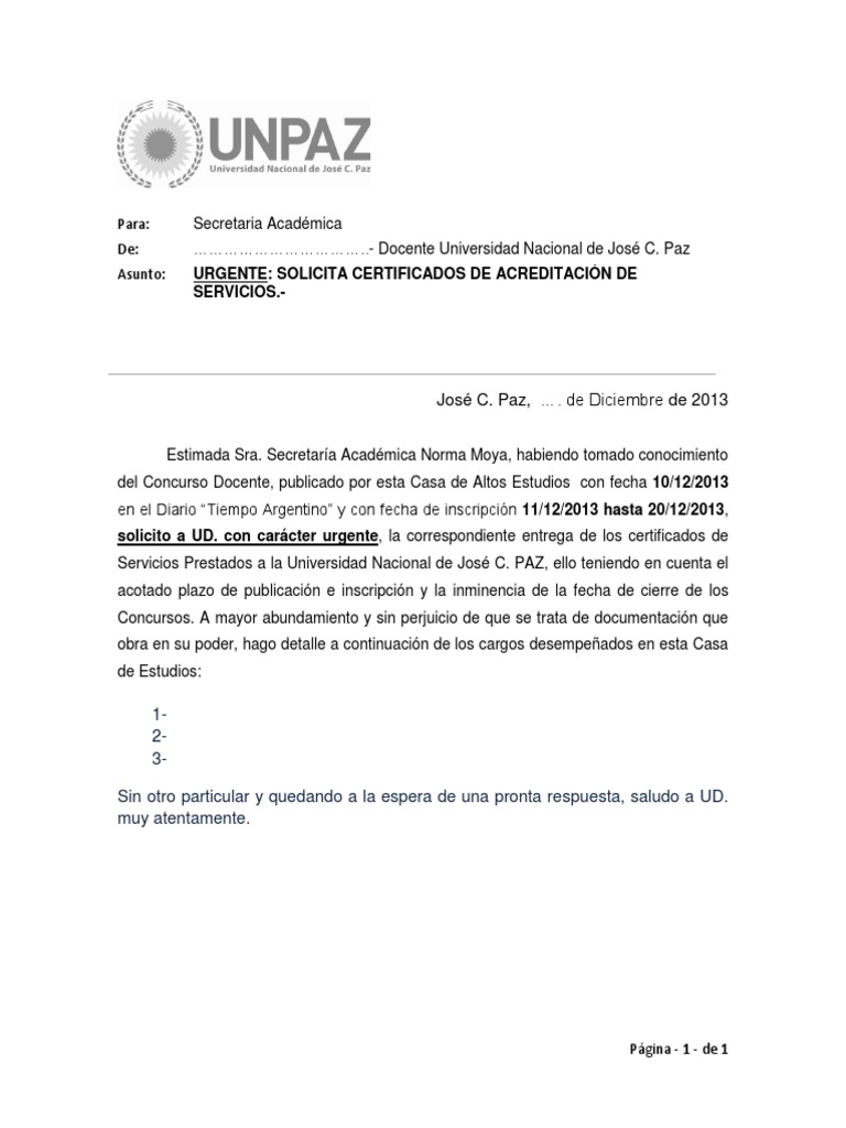 MODELO SOLICITA CERTIFICACIÓN DE SERVICIOS