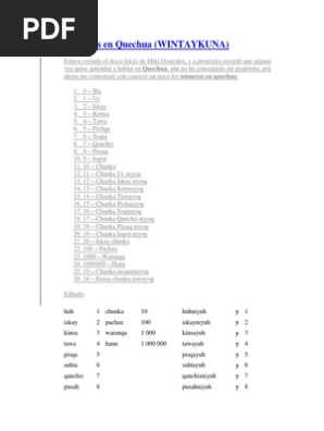 Numeros En Quechua Idiomas