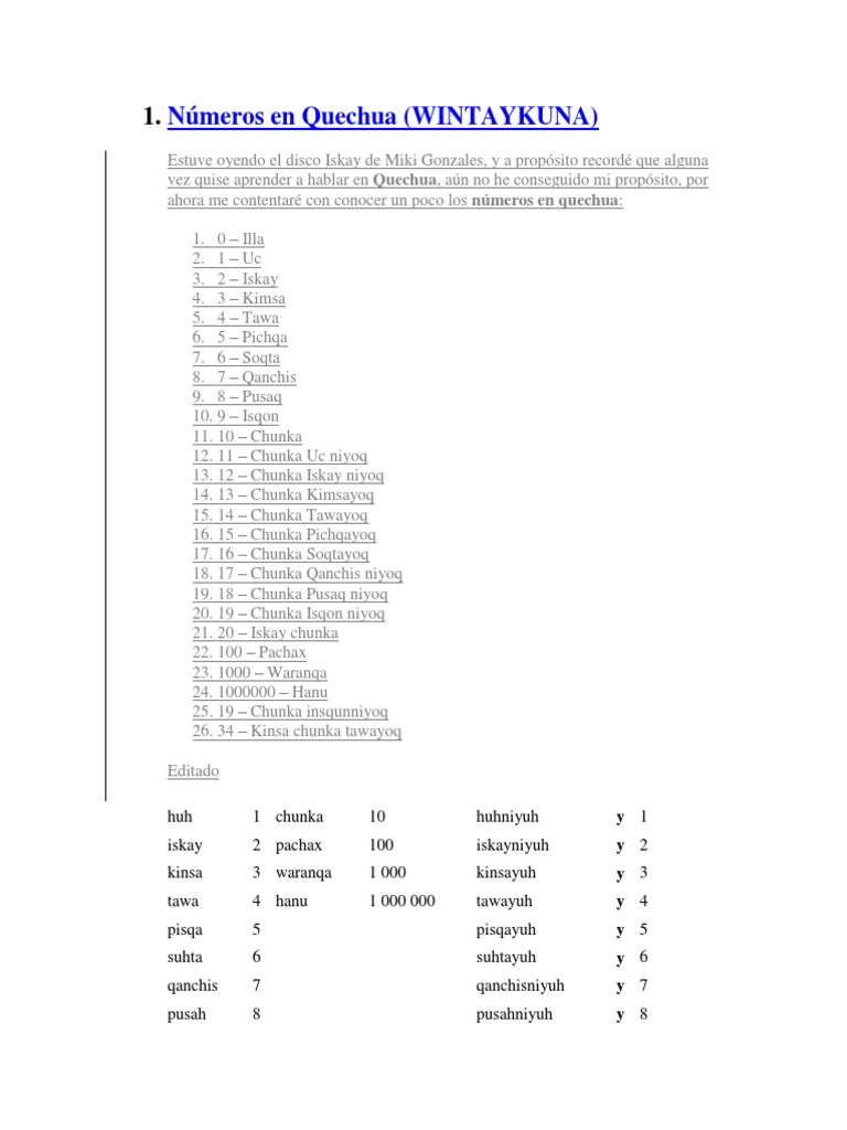 Numeros En Quechua Idiomas