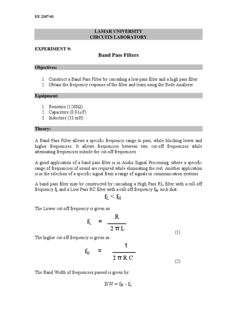 Lab9 Bandpass | PDF | Electronic Filter | Low Pass Filter