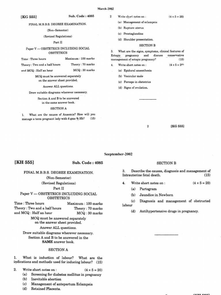 Obstetrics and Gynecology Question Papers | PDF | Childbirth | Obstetrics