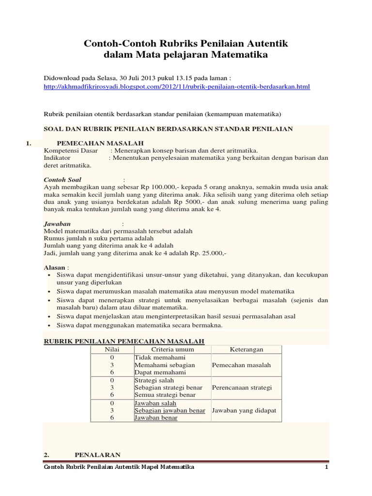 Contoh Rubriks Penilaian Autentik Dalam Mapel Matematika Pdf