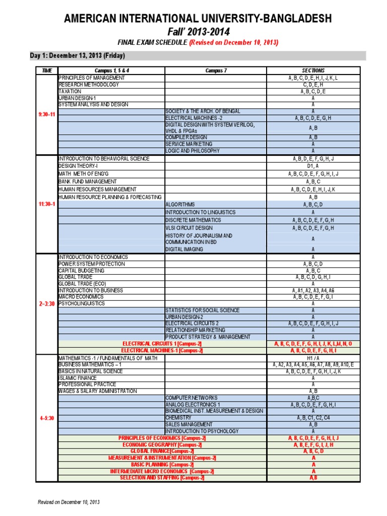 AIUB Fall 2013 Final Exam Schedule | PDF | Science | Electronics