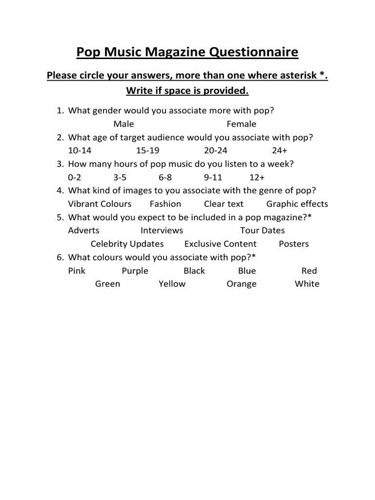 Pop Music Magazine Questionnaire | PDF | Entertainment (General)