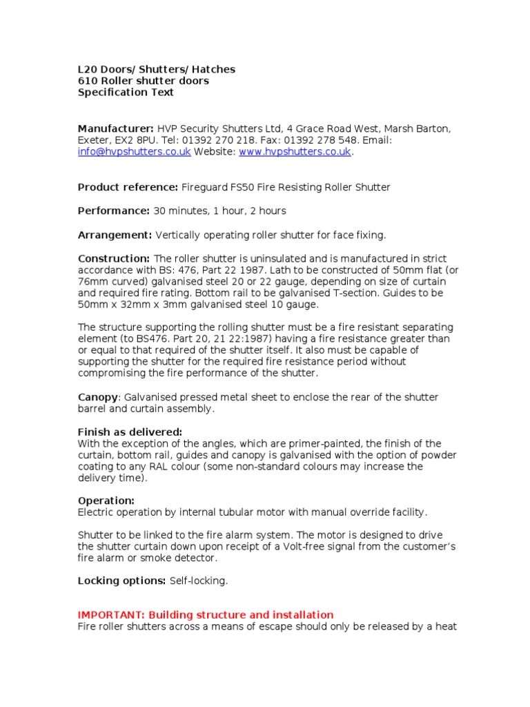 HVP Security Shutters - Specification Text FS50 Fireguard Roller ...