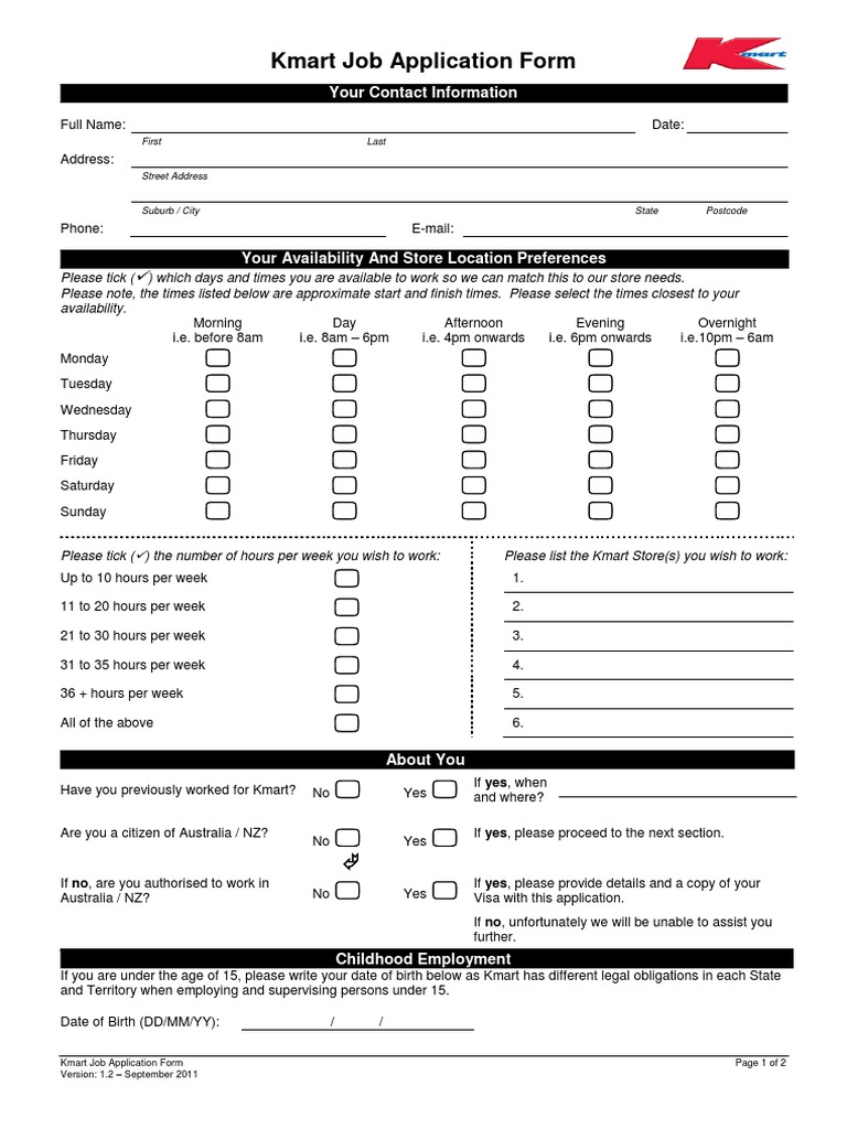 Application Form For Kmart PDF Kmart Employment