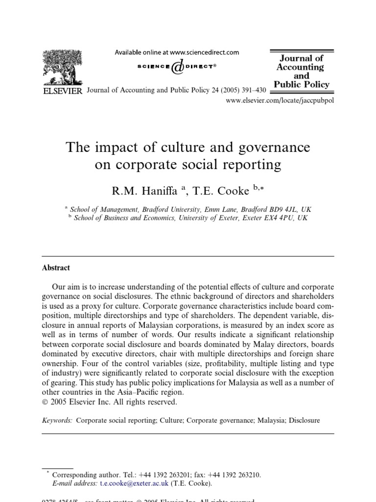 The Impact of Culture and Governance On Corporate Social Reporting ...