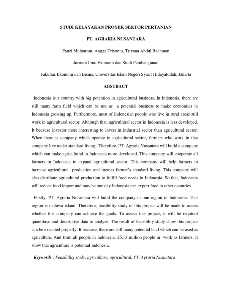 Contoh Studi Kelayakan Proyek PT. Agraria Nusantara