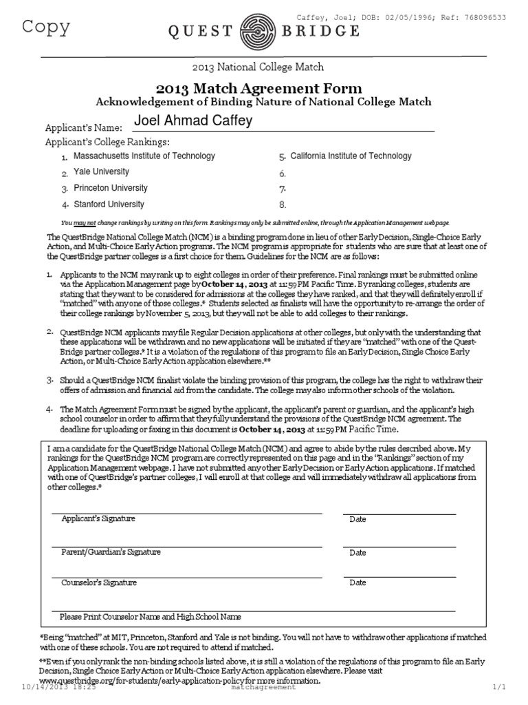 Questbridge Match Agreement Form | PDF