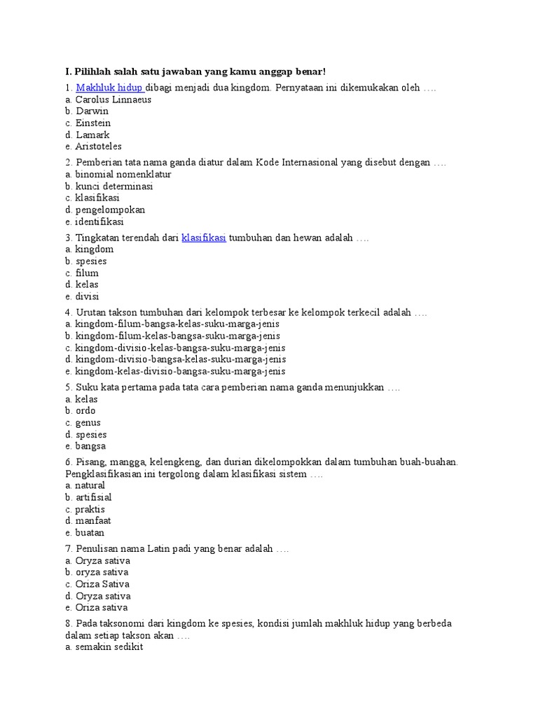 Conto Soal Pg Klasifikasi Makhluk Hidup