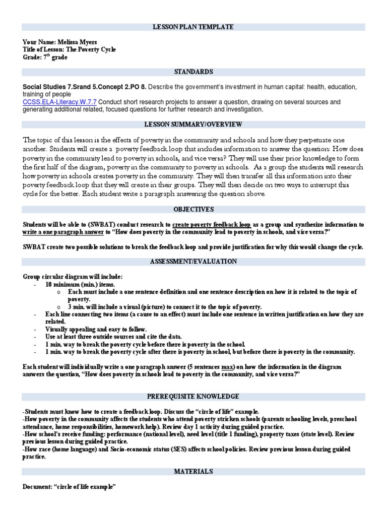 Melissa Myers SCN 494 Lesson Plan PDF Socioeconomic Status Poverty
