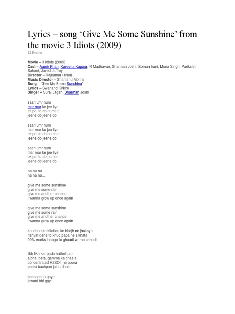 Lyrics Song Give Me Some Sunshine Hindustan