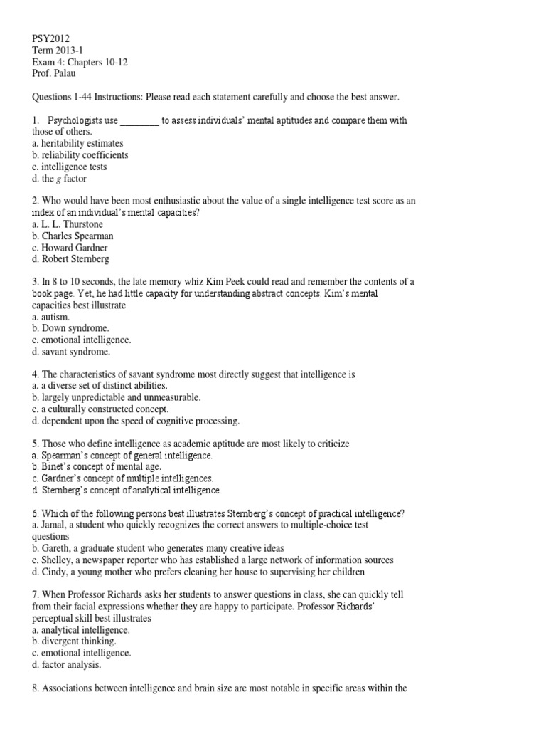 Psychology Exam 4 Overview | PDF | Intelligence Quotient | Emotions