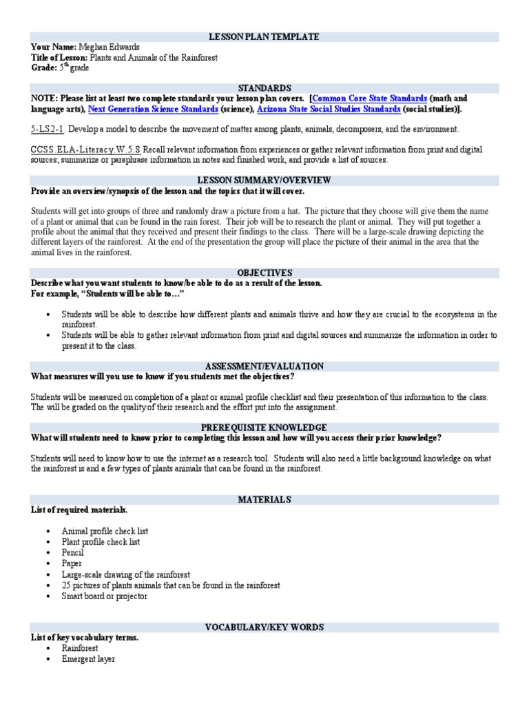 Lesson Plan Plants and Animals PDF Rainforest Amazon Rainforest