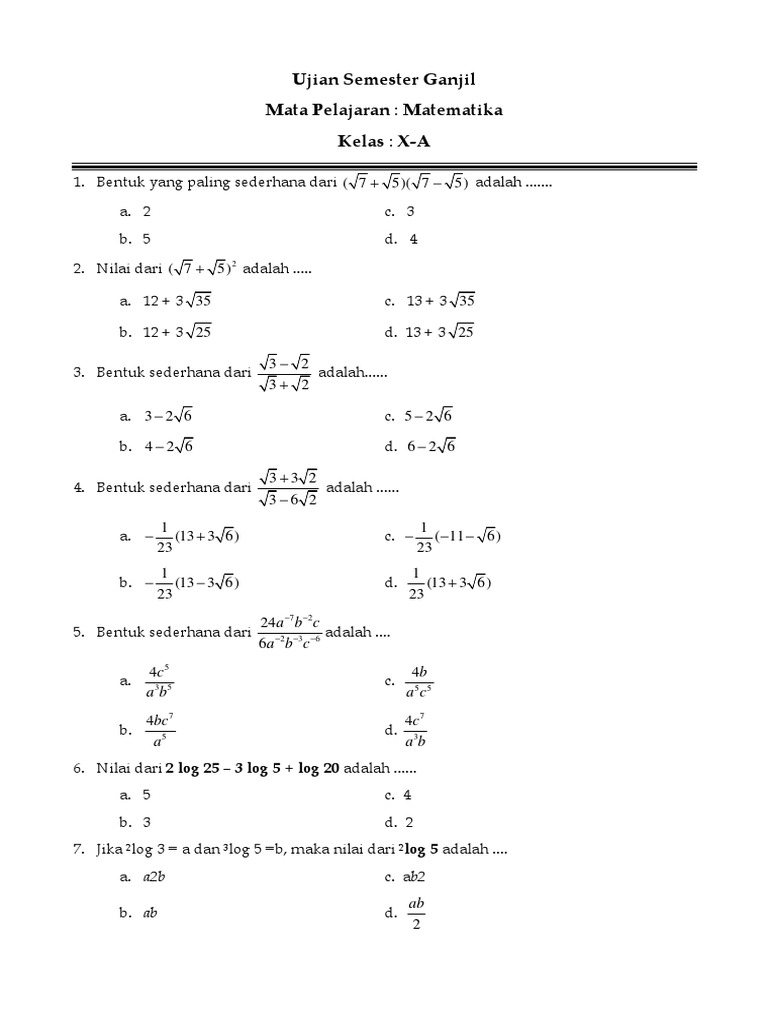 Soal Ujian Kelas 10 Eksponen Akar Logaritma Pdf Pdf