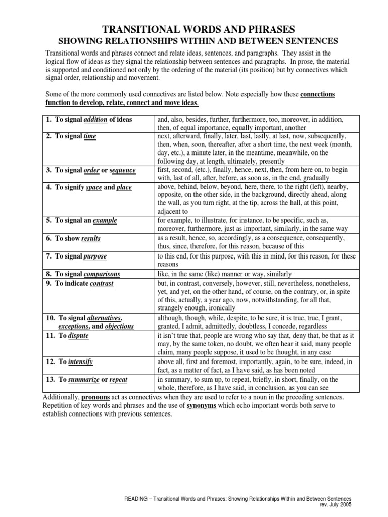 Transitional Words and Phrases Guide | PDF | Phrase | Sentence ...