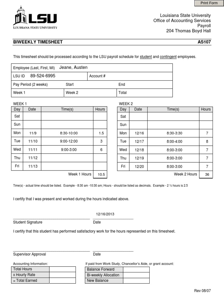 LSU Biweekly Payroll Timesheet Form | PDF