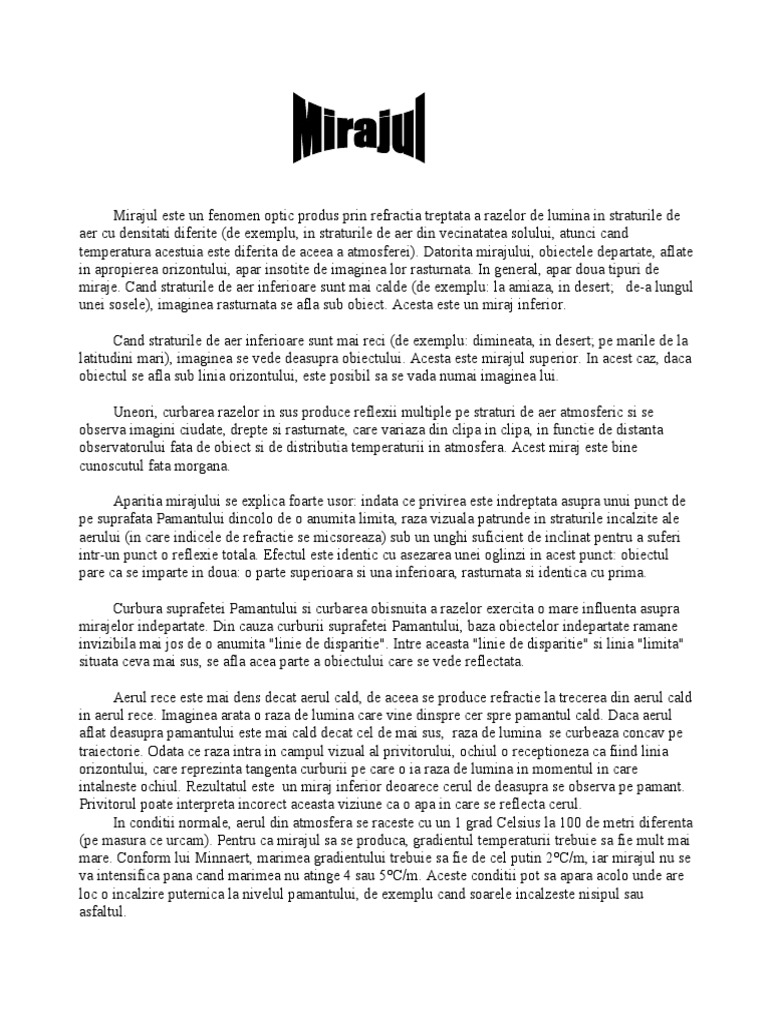 Mirajul Este Un Fenomen Optic Produs Prin Refractia Treptata A Razelor ...