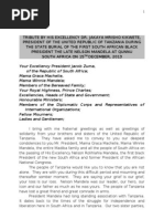 TRIBUTE BY HIS EXCELLENCY DR. JAKAYA MRISHO KIKWETE, PRESIDENT OF THE UNITED REPUBLIC OF TANZANIA DURING THE STATE BURIAL OF THE FIRST SOUTH AFRICAN BLACK PRESIDENT THE LATE NELSON MANDELA AT QUNNU
SOUTH AFRICA ON 15TH DECEMBER, 2013
