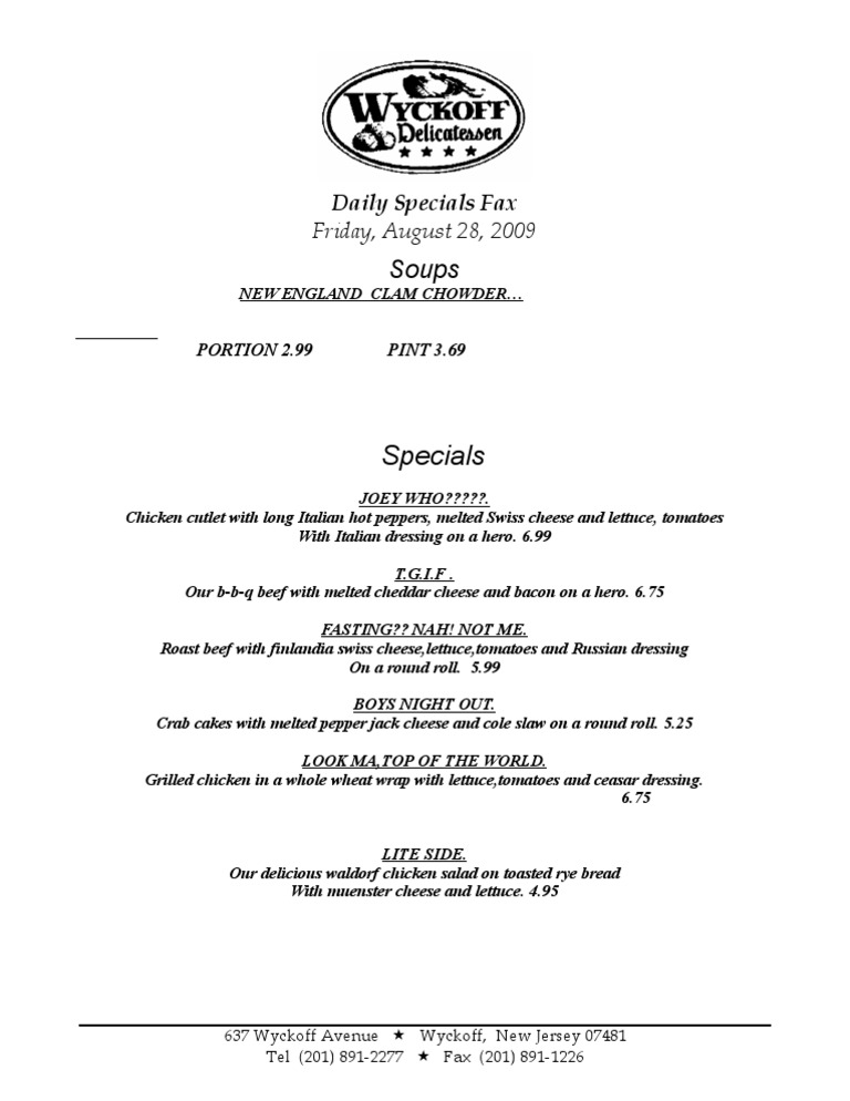 Daily Specials Menu for August 28 | PDF