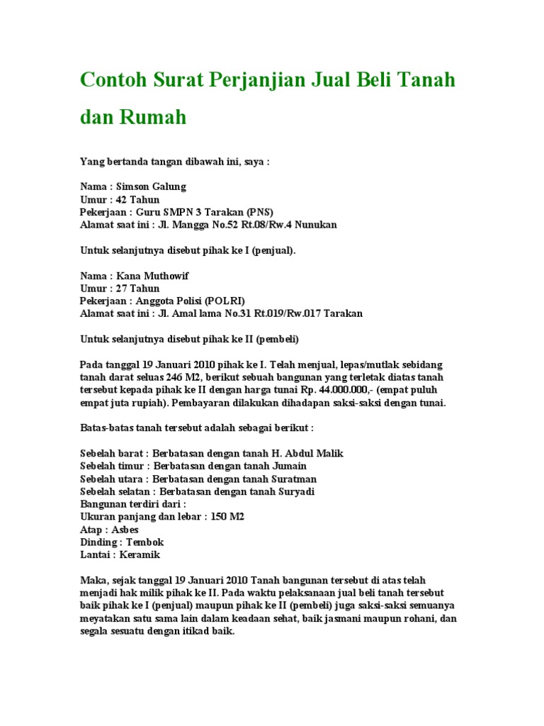 44515309 Contoh Surat Perjanjian Jual Beli Tanah Dan Rumah