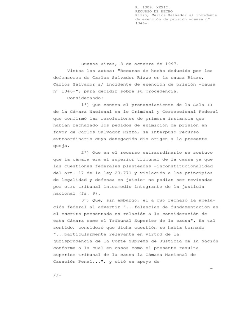 Recurso de Hecho Rizzo: Exención de Prisión | PDF | Caso de ley | Justicia