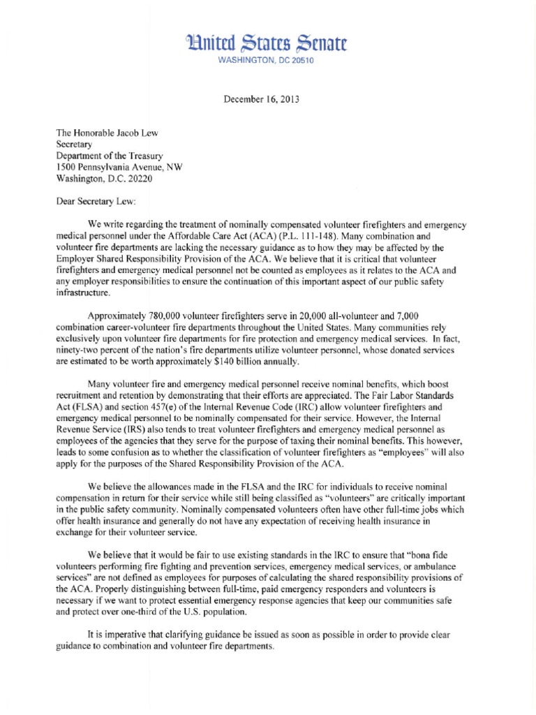 Letter To Secretary Lew Regarding Volunteer Firefighters and Emergency ...