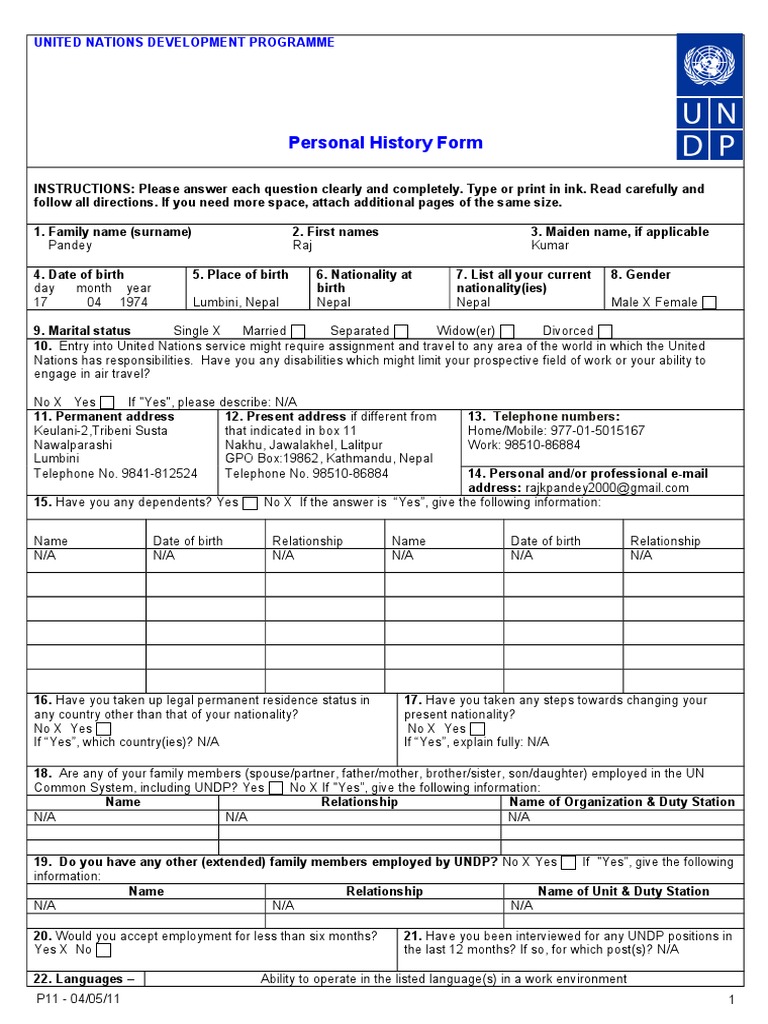 Personal History Form: United Nations Development Programme | PDF ...
