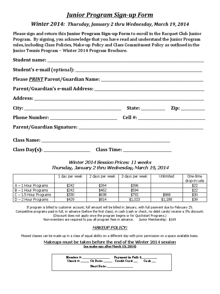 Junior Program Signup Form Winter 2014 | PDF