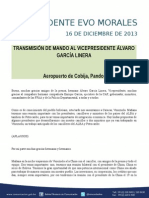 DISCURSO DEL PRESIDENTE MORALES EN LA TRANSMISIÓN DE MANDO AL VICEPRESIDENTE  16-12-13