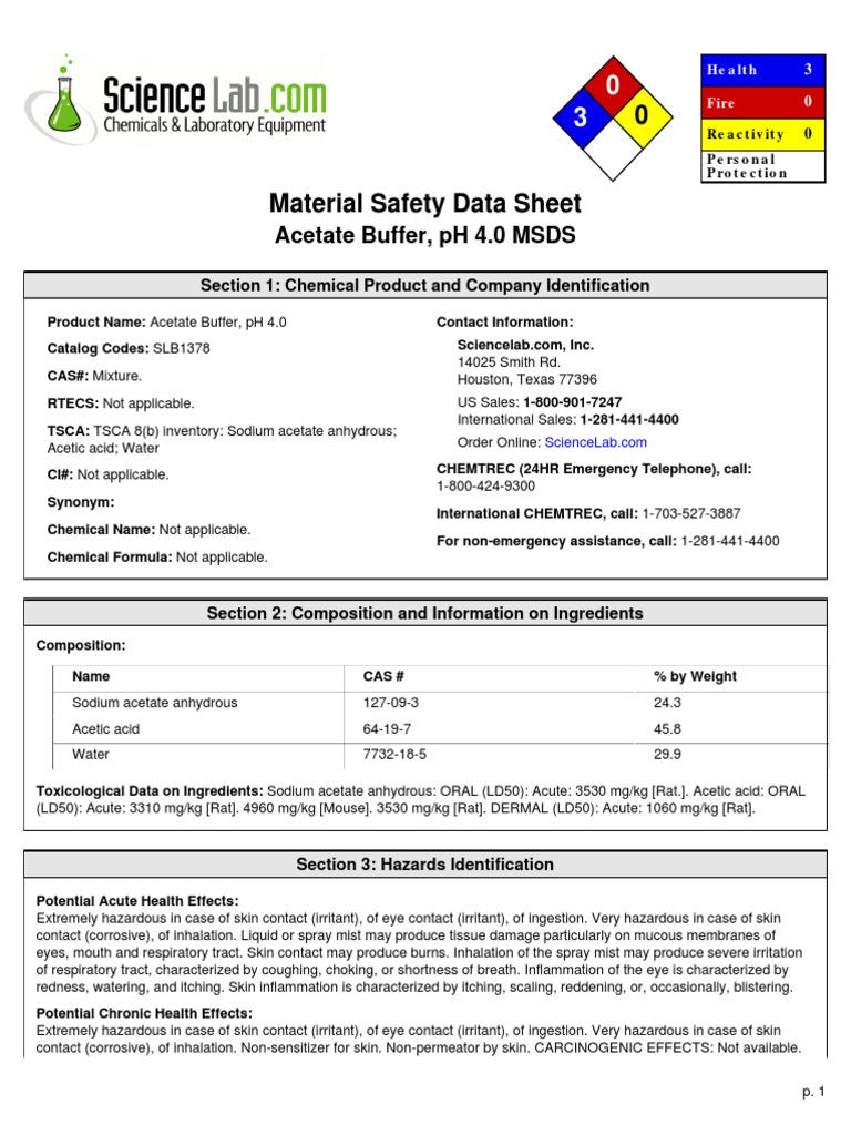 Msds Buffer Asetat Toxicity Acetic Acid