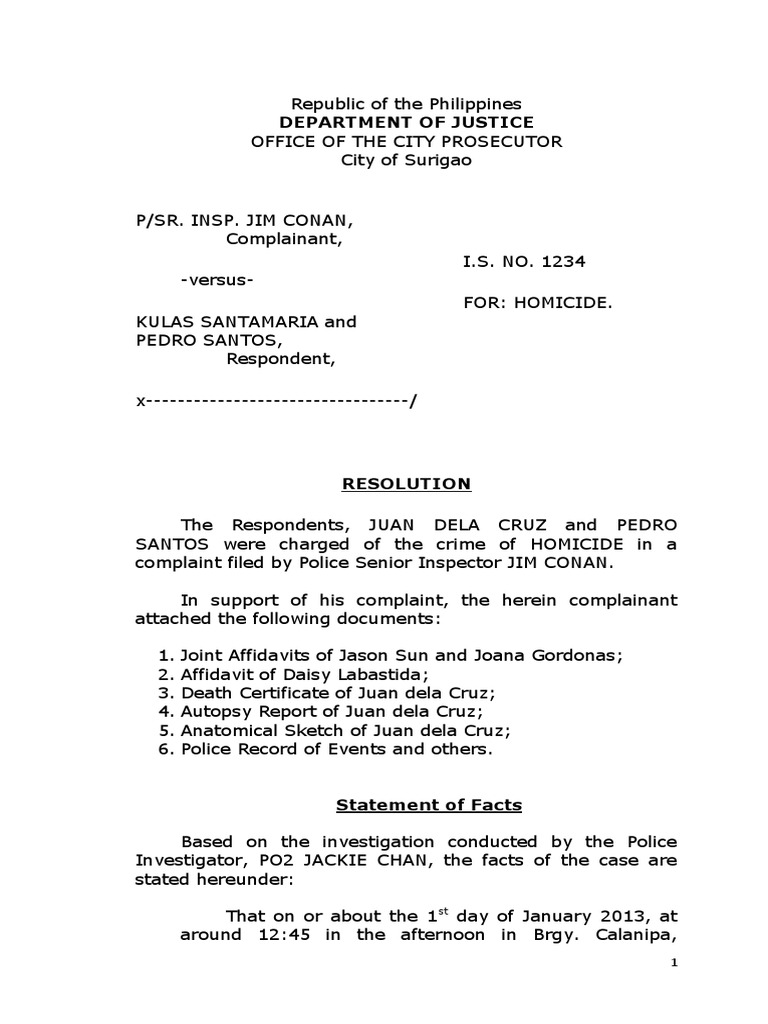 Sample prosecutors resolution involving homicide self defense