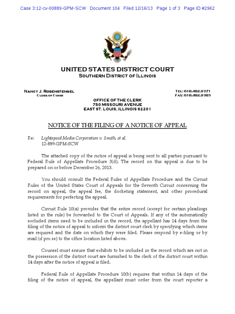 Notice of Appeal Filing Instructions | PDF | United States Courts Of ...