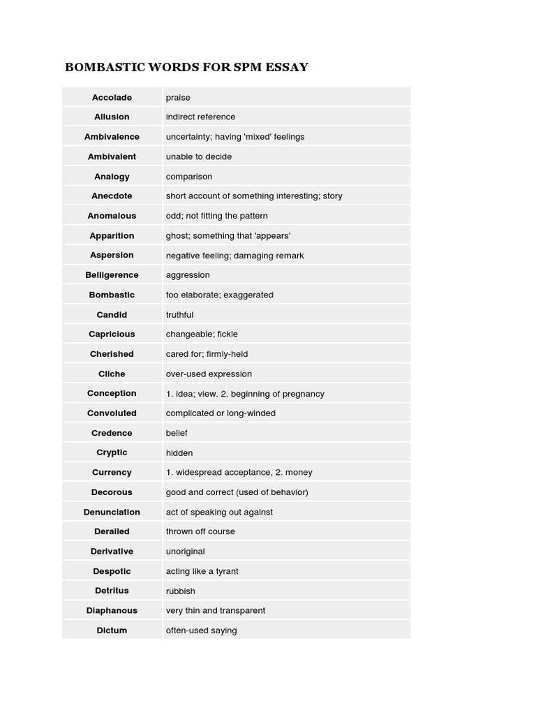 Bombastic Words for SPM Essays | PDF | Language Arts & Discipline