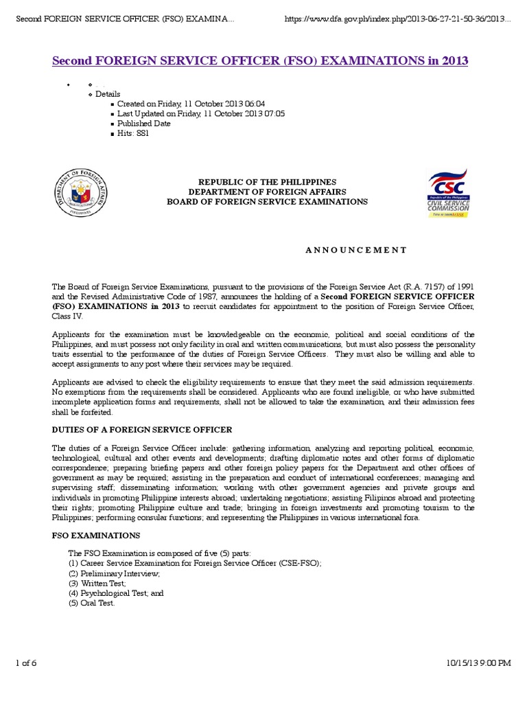 Second Foreign Service Officer (Fso) Examinations in 2013 United